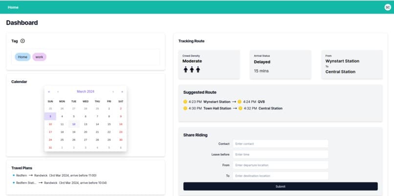 Screenshot of Commute Ease, our submission to Unihack 